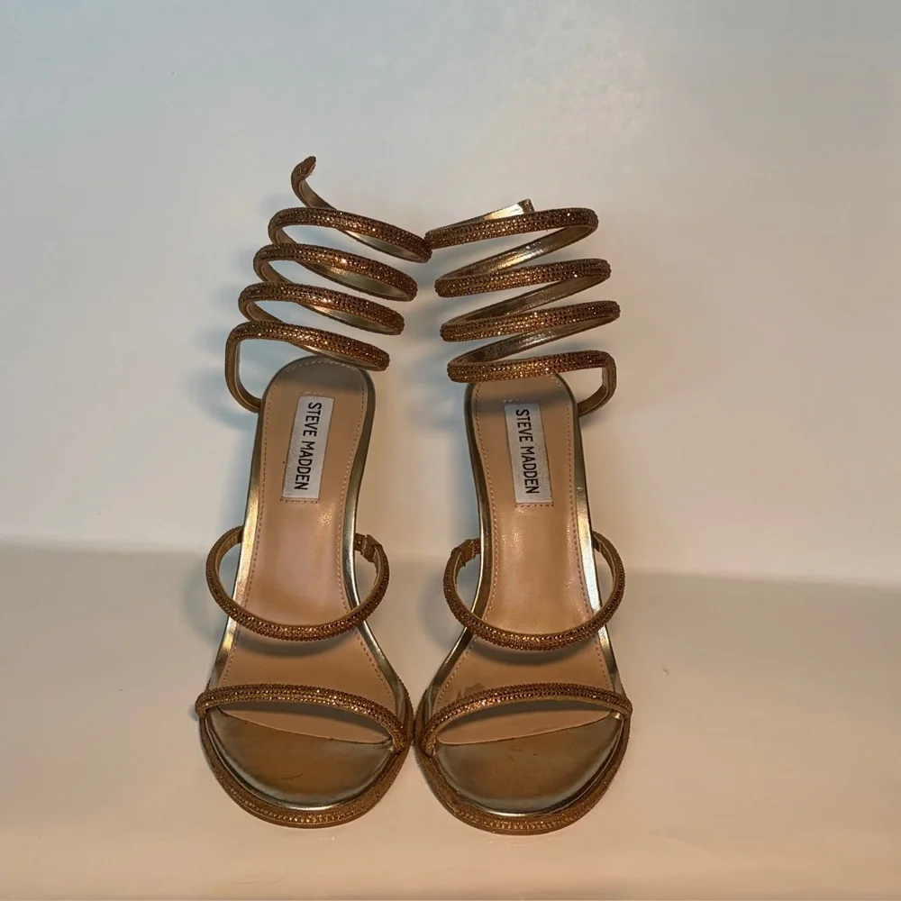 Steve Madden Heels Sandal Women 7.5 Gold Exotica Spiral Rhinestone Wrap Stiletto